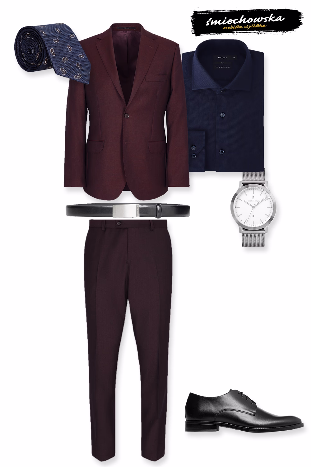 Stylizacje świąteczne męskie Elegancka, męska stylizacja świąteczna: bordowy garnitur, granatowa koszula i klasyczne czarne buty.