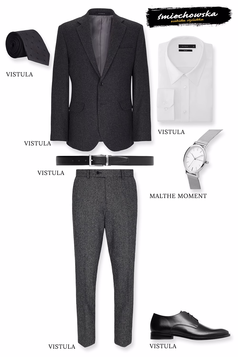Stylizacje świąteczne Klasyczna, męska stylizacja na święta: elegancki, szary garnitur, biała koszula i czarne, skórzane buty.