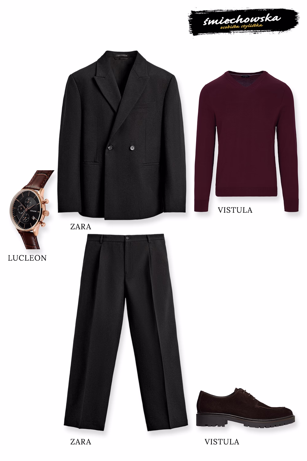 Stylizacje świąteczne Męska stylizacja świąteczna w stylu quiet luxury: czarna, dwurzędowa marynarka, bordowy sweter w serek i eleganckie czarne spodnie.