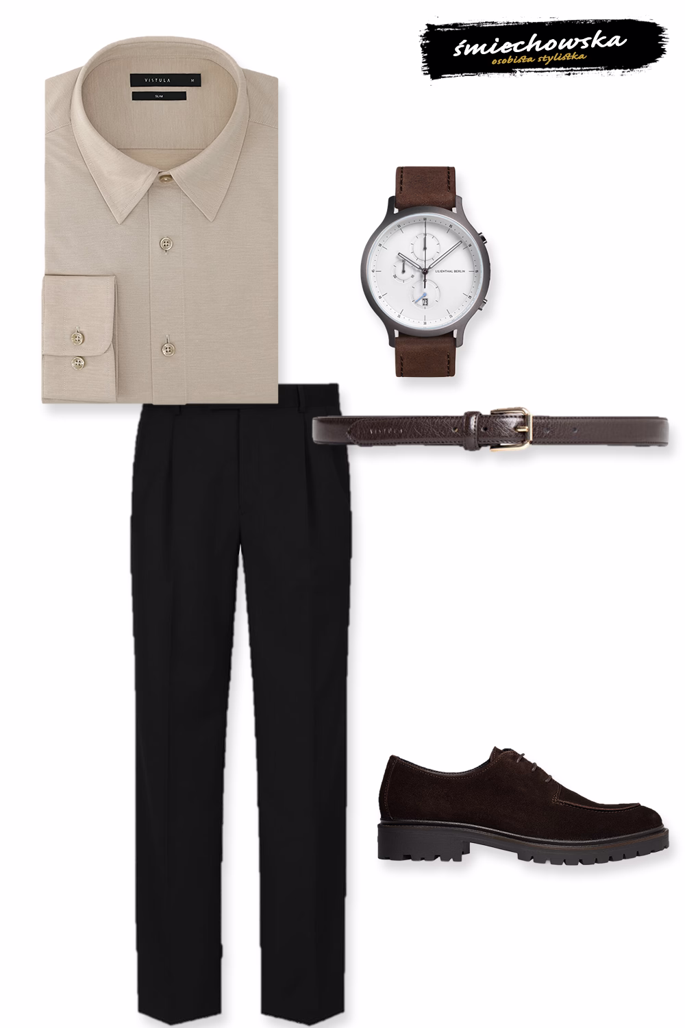 Stylizacje świąteczne męskie Męska stylizacja świąteczna w stylu smart casual: czarne, eleganckie spodnie, beżowa koszula i brązowe, zamszowe buty.