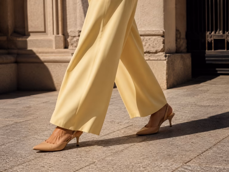 Zbliżenie na nogi w ruchu: elegancka kobieta w szerokich, pastelowo-żółtych spodniach typu wide-leg i cielistych czółenkach z odkrytą piętą (slingback). Buty w odcieniu nude idealnie stapiają się z kolorem skóry, optycznie wydłużając nogi i nie konkurując z kolorem ubrań.