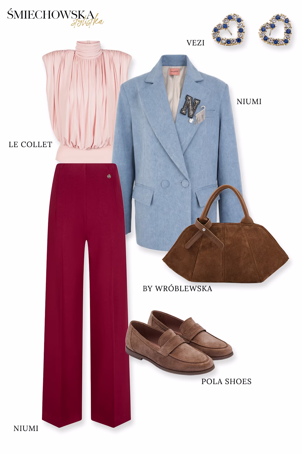Buty nude hit wiosny 2026 Kolorowa stylizacja smart casual do biura: szerokie bordowe spodnie, jasnoróżowy top i błękitna marynarka oversize. Całość stonowana miękkimi, zamszowymi mokasynami (loafersami) w odcieniu nude oraz brązową zamszową torebką.